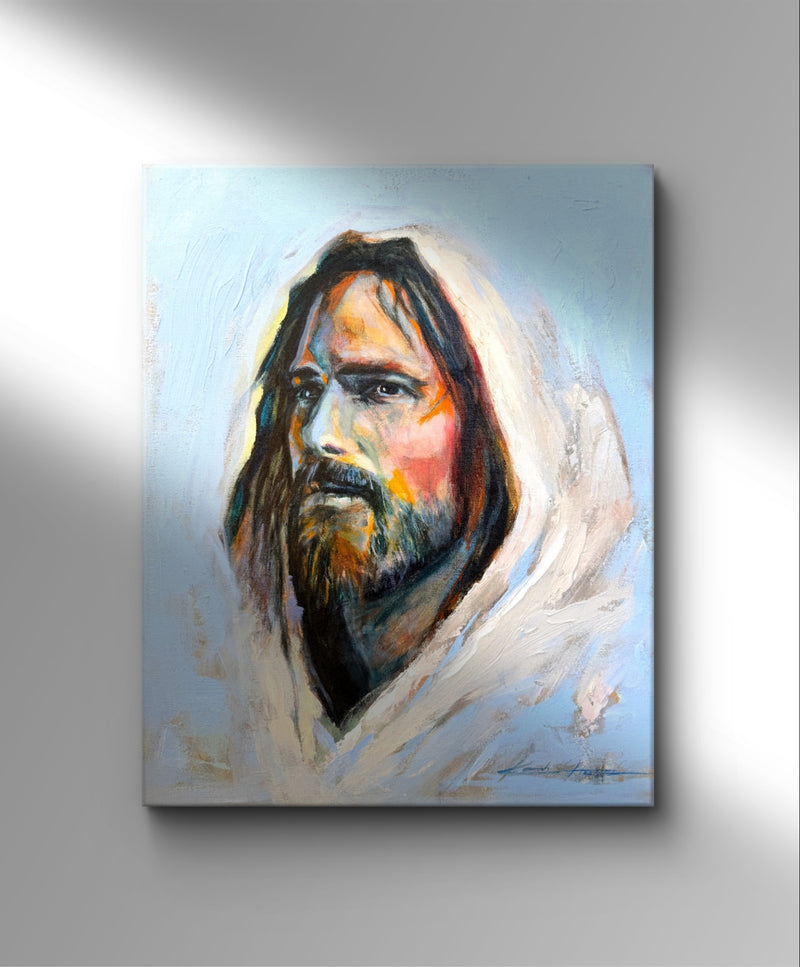 A portrait of Jesus hanging on the wall in a gallery wrapped canvas print with a beautiful blue background and large paint strokes with a lot of texture. 