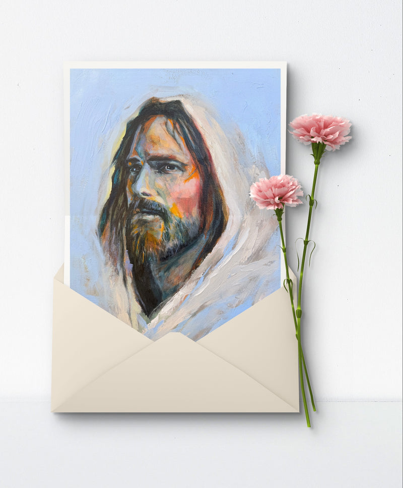 An Giclee Archival Fine Art paper print of Jesus tucked into an envelope as the best gift with pink flowers. 