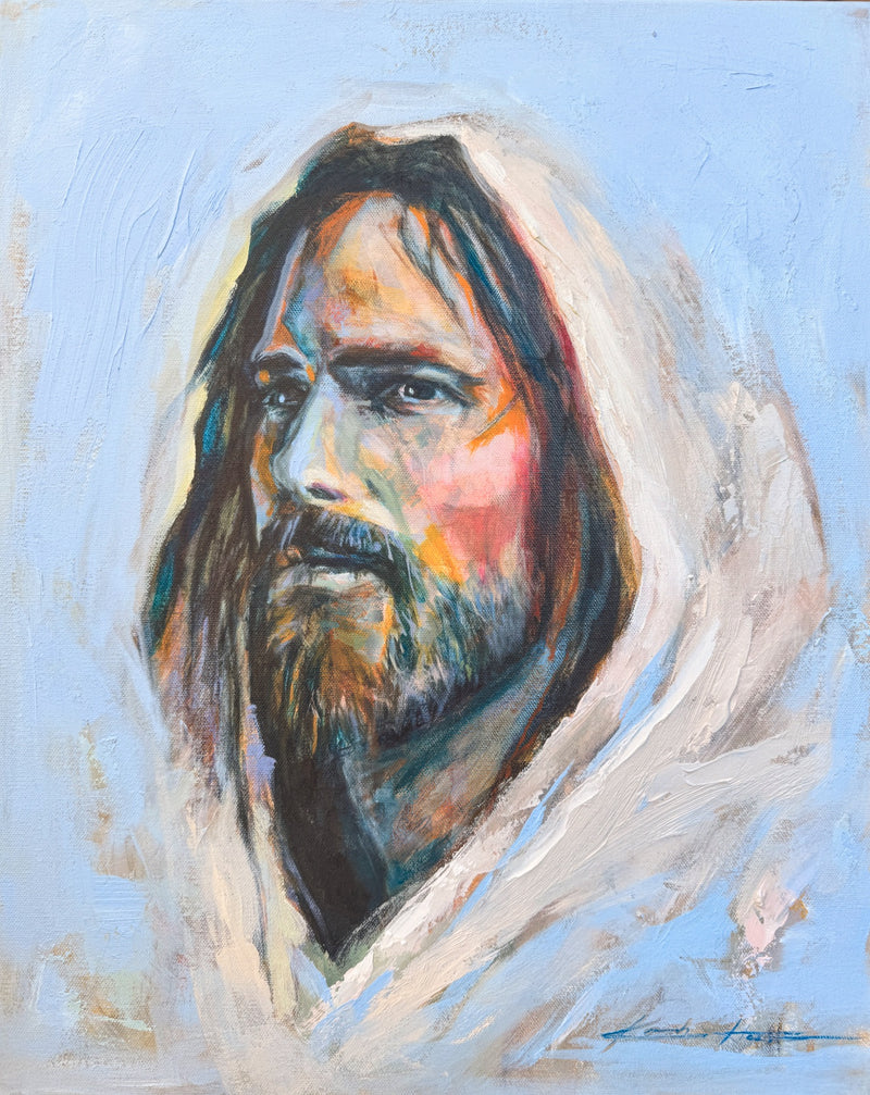 Vibrant painting of Christ with thick brush strokes and texture. With every color showing his grace and compassion. 