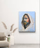 An image of Jesus with a blue background, vibrant colors in a hallway. 
