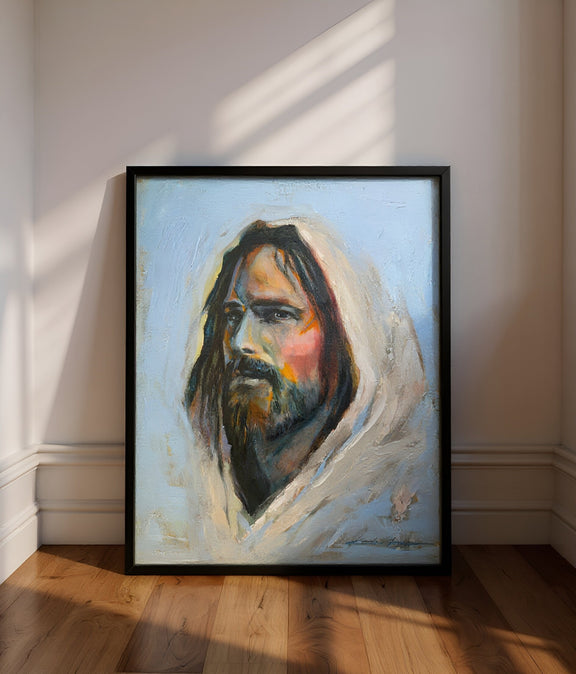 A modern Painting of Jesus with big brushstrokes and a lot of texture framed with a black frame.
