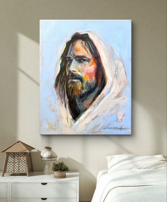 Christian wall art in a bedroom, Jesus painted in a vibrant colorful way with large brushstrokes and a lot of texture. 