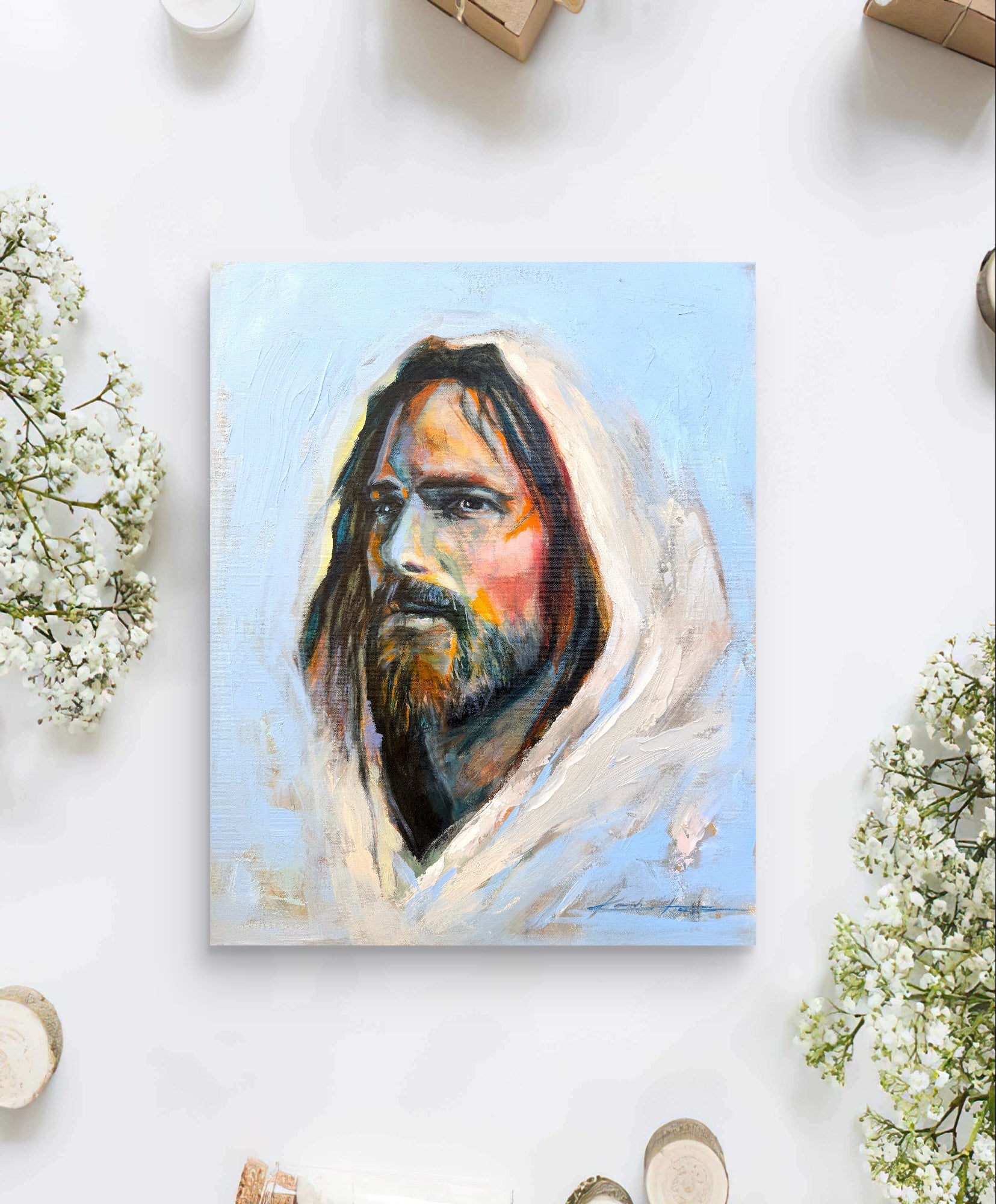 Portrait of Jesus Painted on canvas and Fine Art paper titled: 