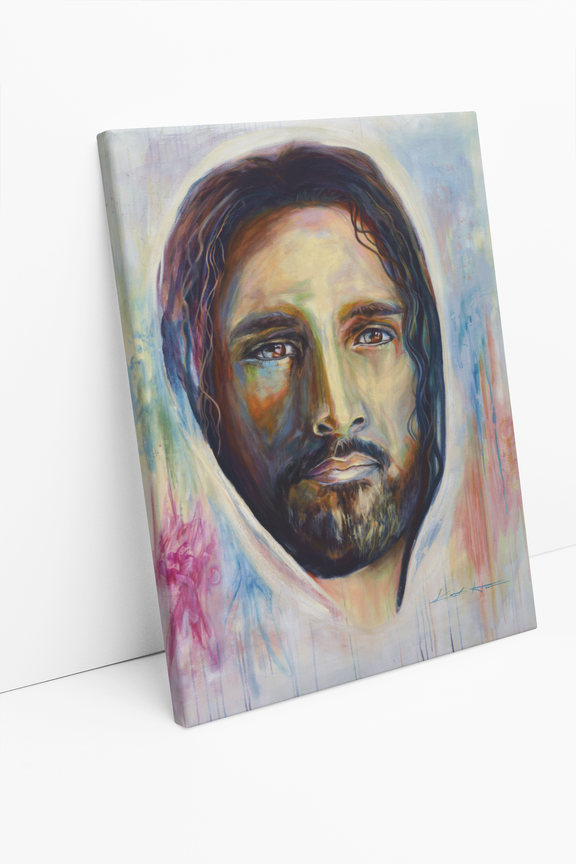 “Colorful Christian art print of Jesus, hand-painted in oil on canvas, with a striking & colorful background for modern home decor.” - Gallery Wrapped Canvas Print