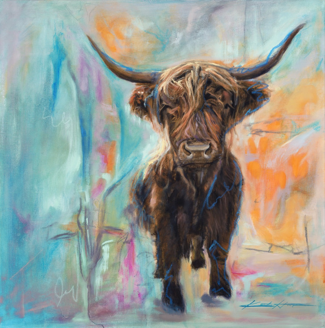 Highland cow Painting with abstract background, modern farm animal wall art with spiritual significance. - Gallery Wrapped Canvas Print