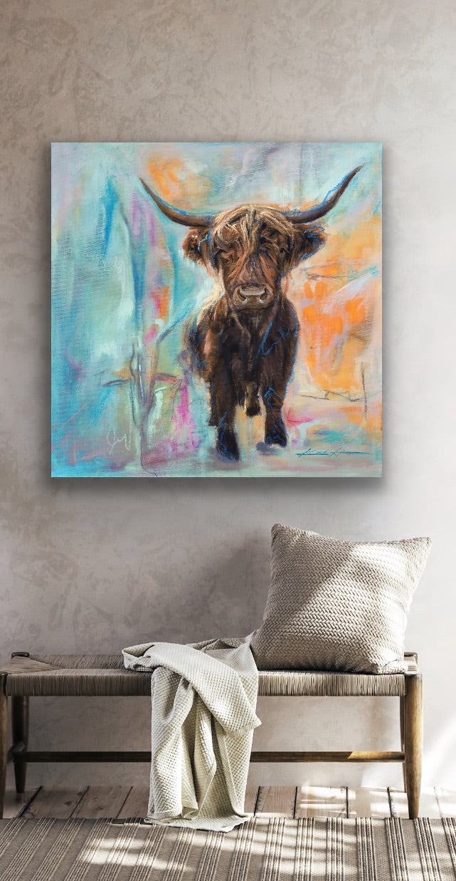 Highland Cow Painting painted in oil paint with an abstract background in a modern house above a farmhouse bench. 