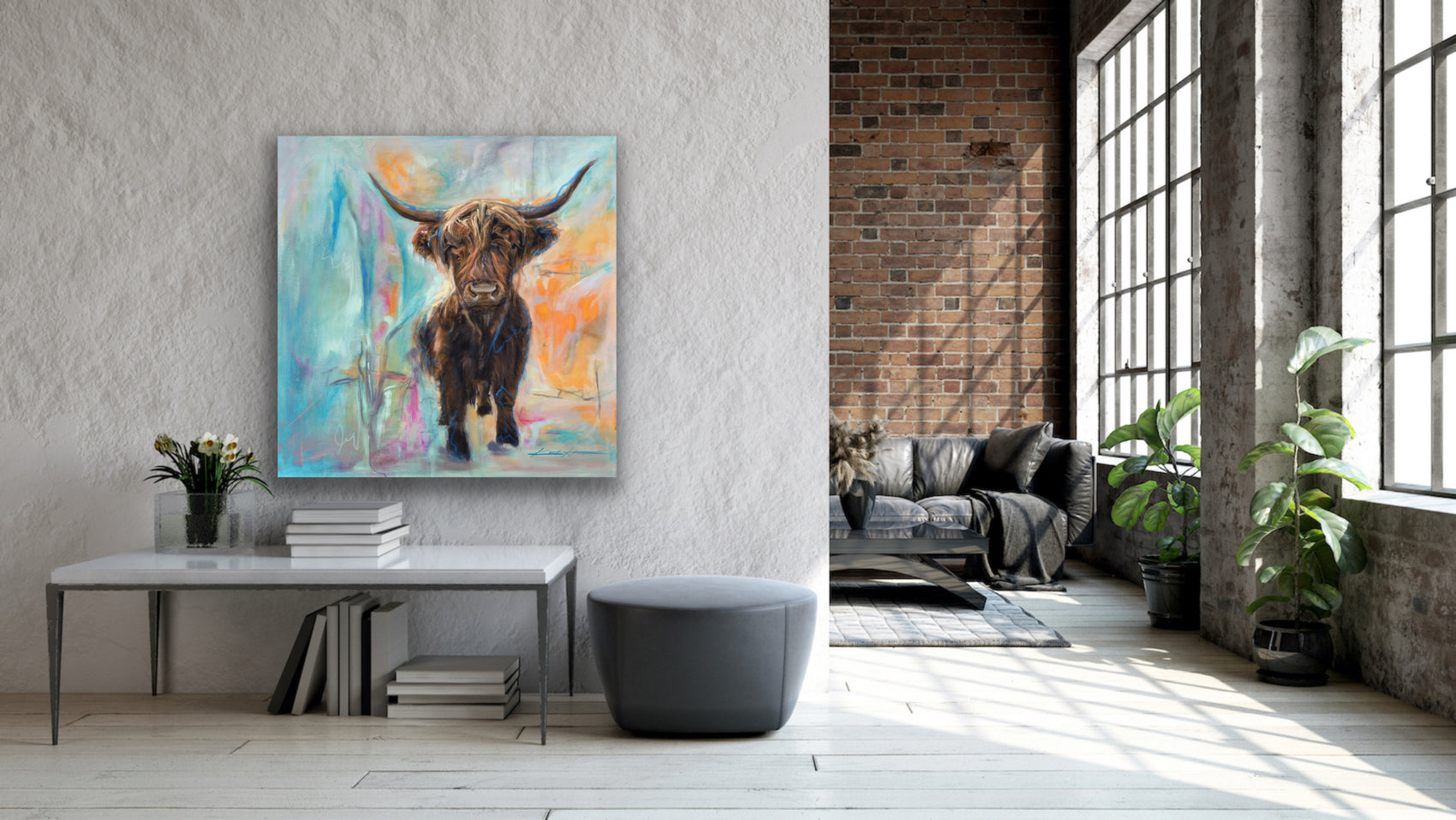 Highland Cow Oil Painting on Gallery Wrapped canvas in a modern house with a Brick wall.