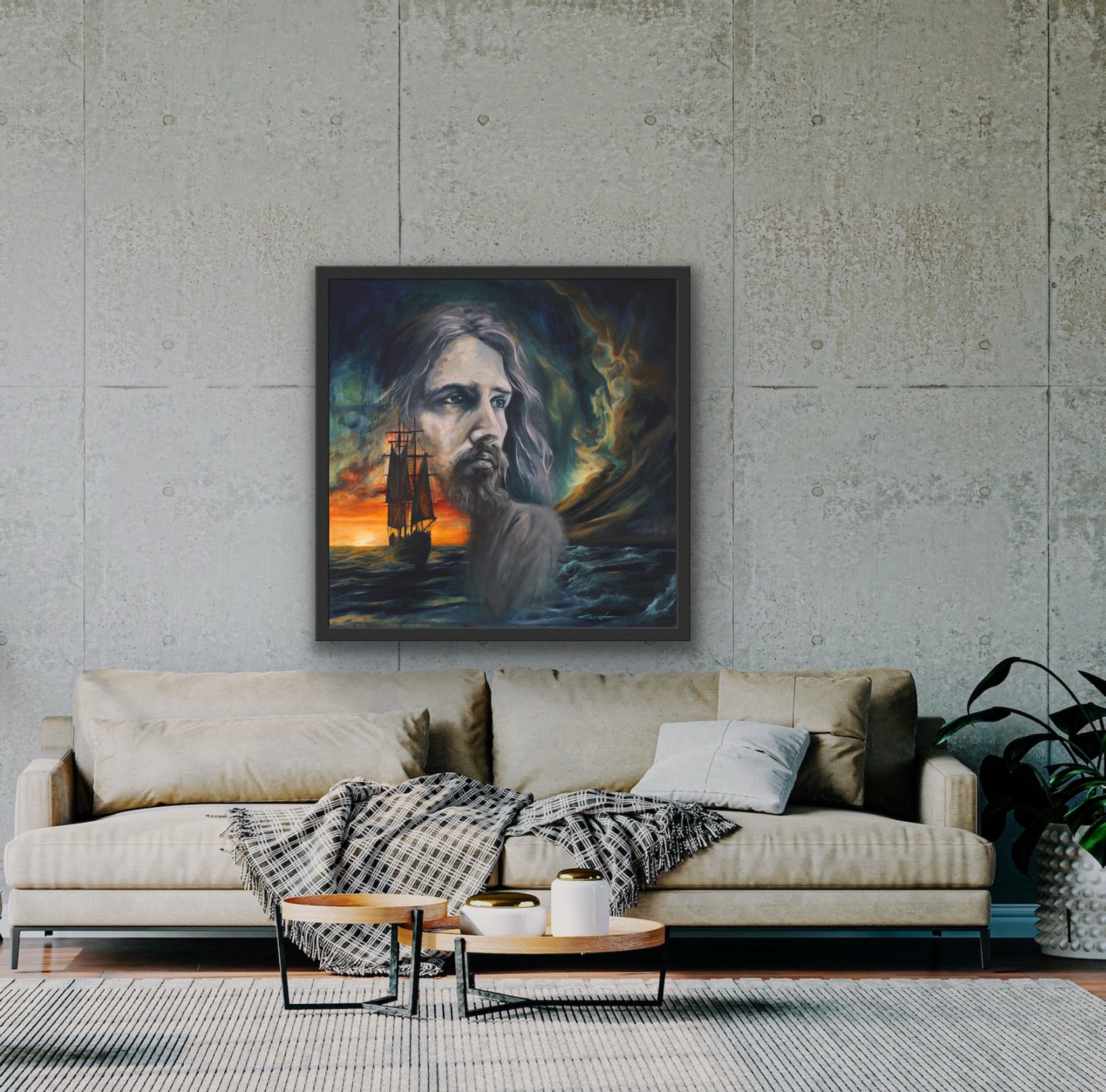 Jesus Calming the storms Framed Christian Artwork on Canvas hanging in a living room over a sofa in a modern living room.