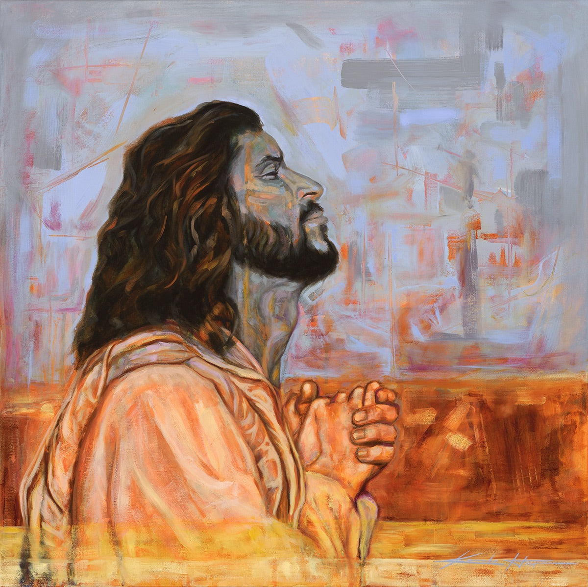 "The Advocate" painting of Jesus Christ praying humbly to God the Father, in blue and gold tones symbolizing divine connection, eternal life, and enlightenment, modern Christian wall art for home or church decor.