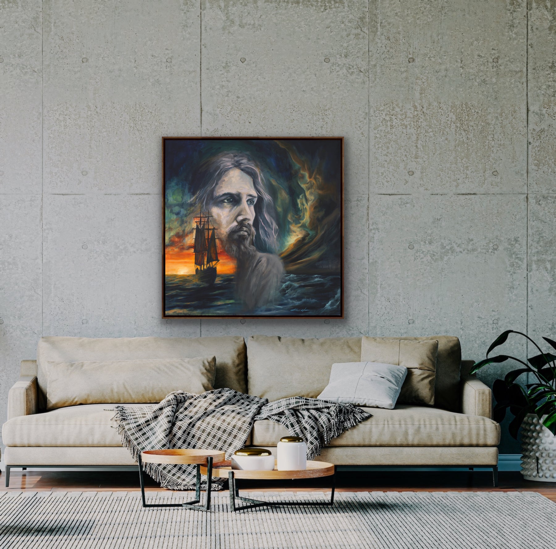 Jesus Calming the seas gallery Wrapped Canvas Print in a modern living room above a sofa.