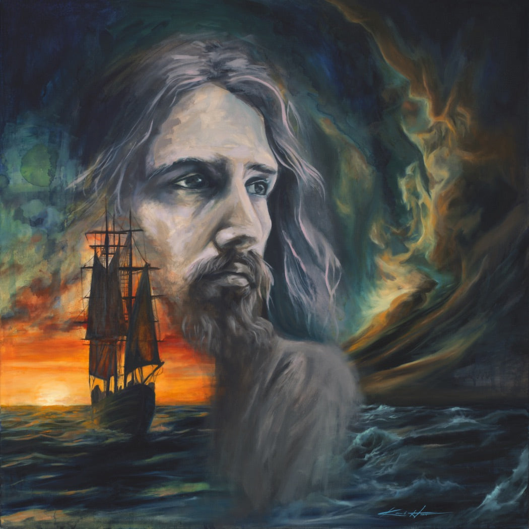 Jesus calming the storm in an oil painting