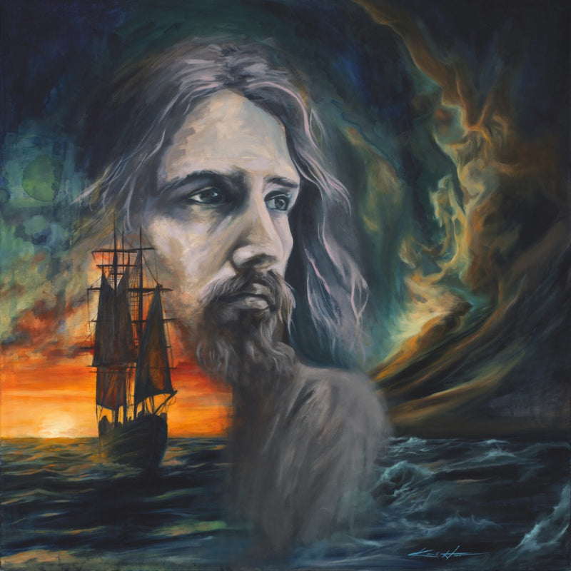 Jesus calming the storm in an oil painting