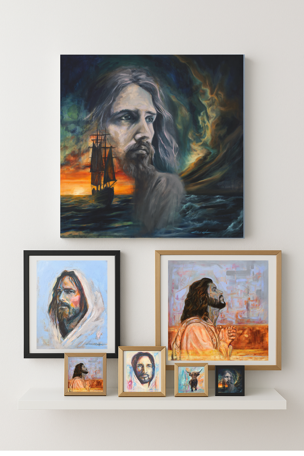 Christian Artwork in small sizes and large sizes Framed and unframed Fine Art Paper and Canvas Prints on a wall.