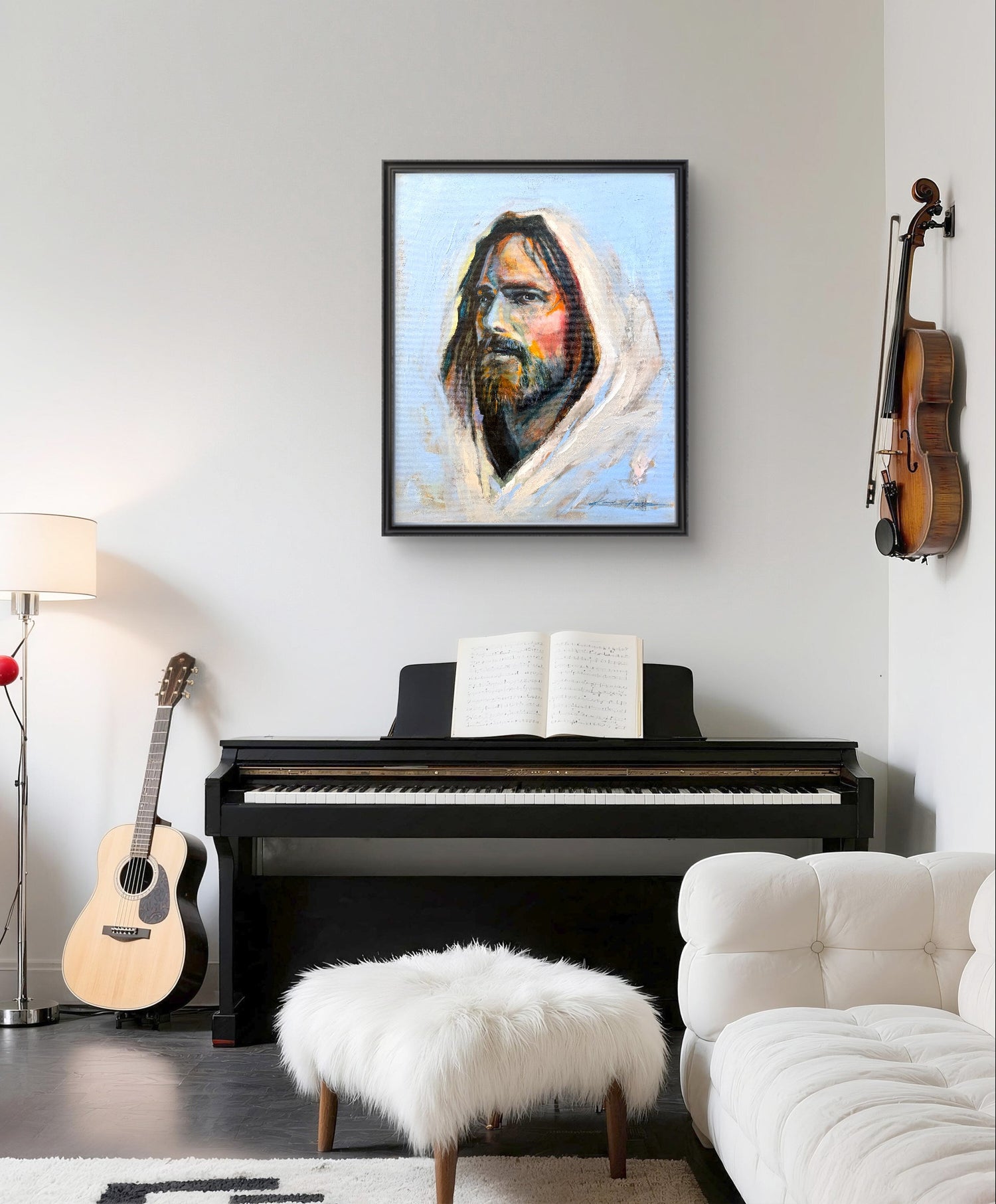 Contemporary Christian artwork hanging in a music room. 