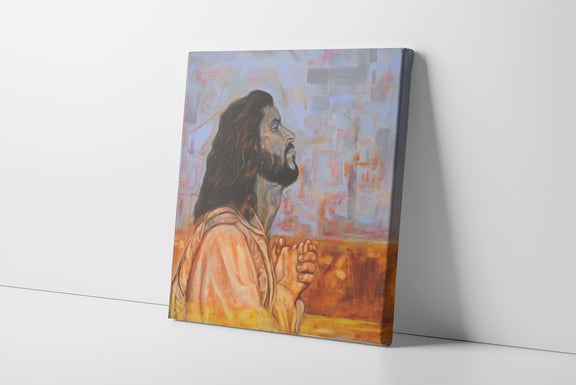 Painting of Jesus Christ praying, in blue and gold tones symbolizing divine connection, eternal life, and enlightenment, modern Christian wall art for home or church decor. -Gallery Wrapped Canvas Print