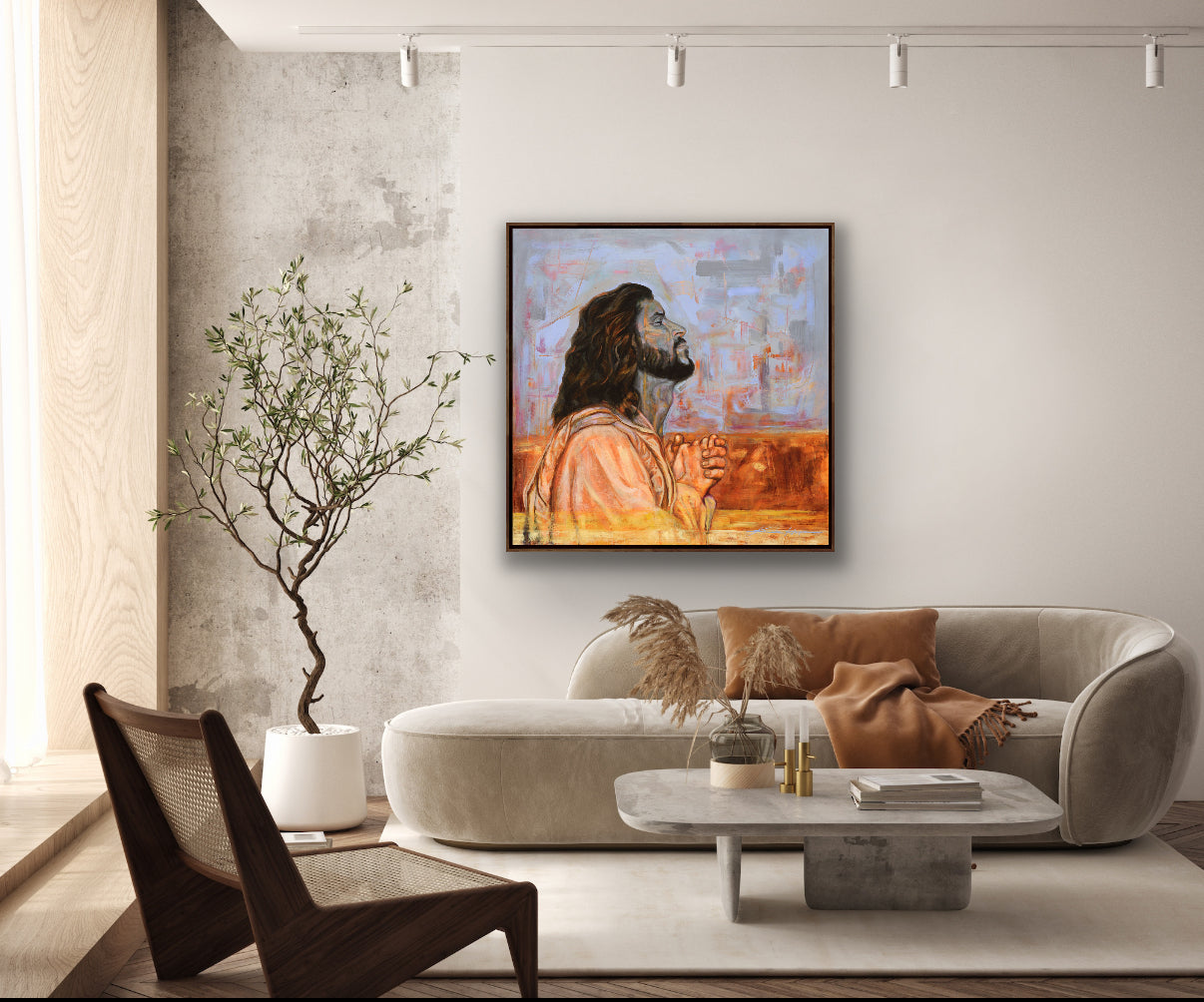 Painting of Jesus Christ praying John 17 as wall art in a modern living room above a sofa.