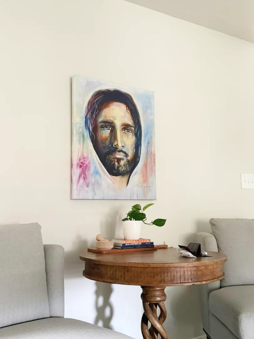 Artwork of a portrait of Christ Hanging on a wall at a customer of Kamrah Holt Fine Art Gallery's home.