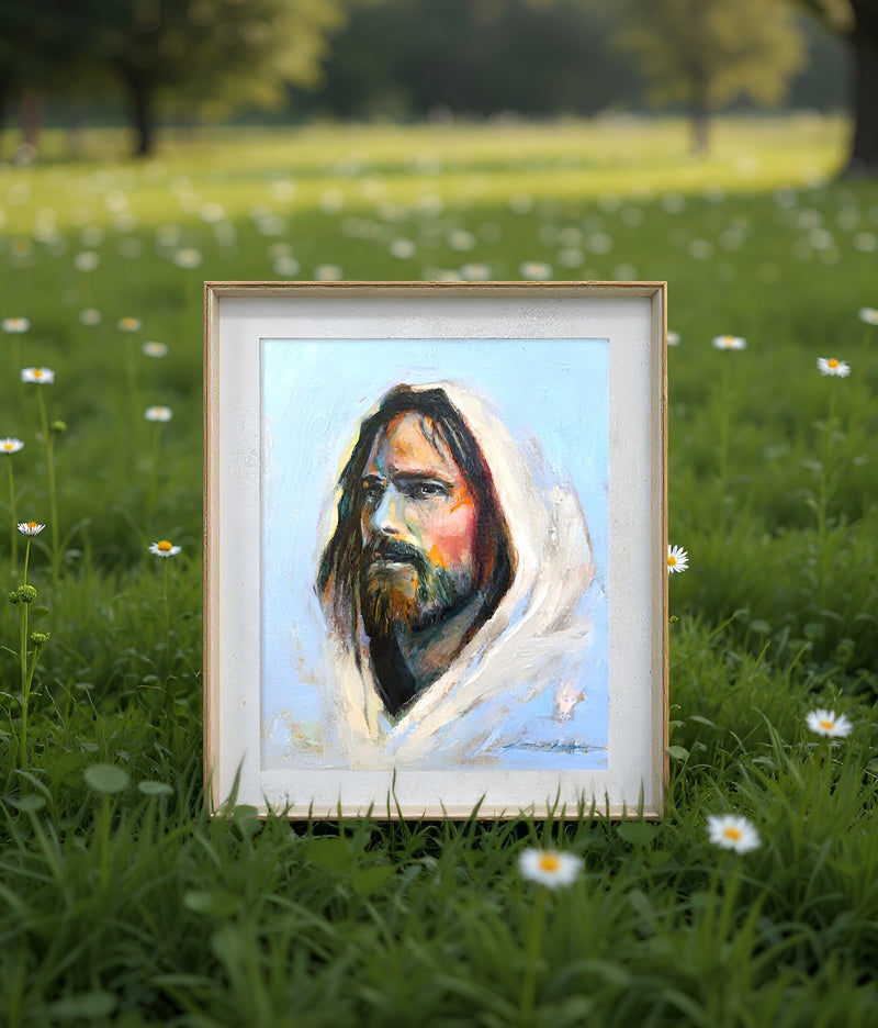 Framed portrait of Jesus titled the Color of Grace in a grassy field of flowers. 